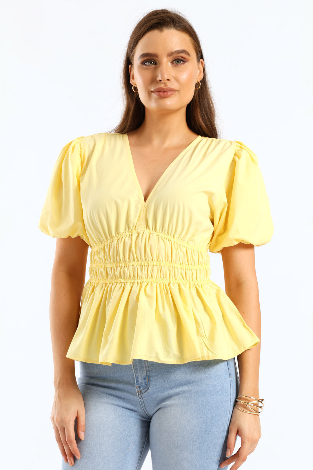 Bubble Sleeve V-Neck Peplum Blouse - Pastel Yellow