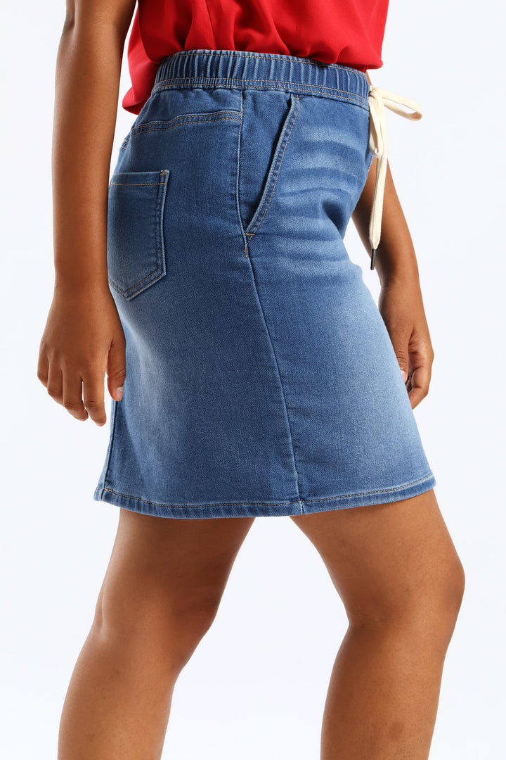 Denim Knit Mini Skirt - Mid Wash