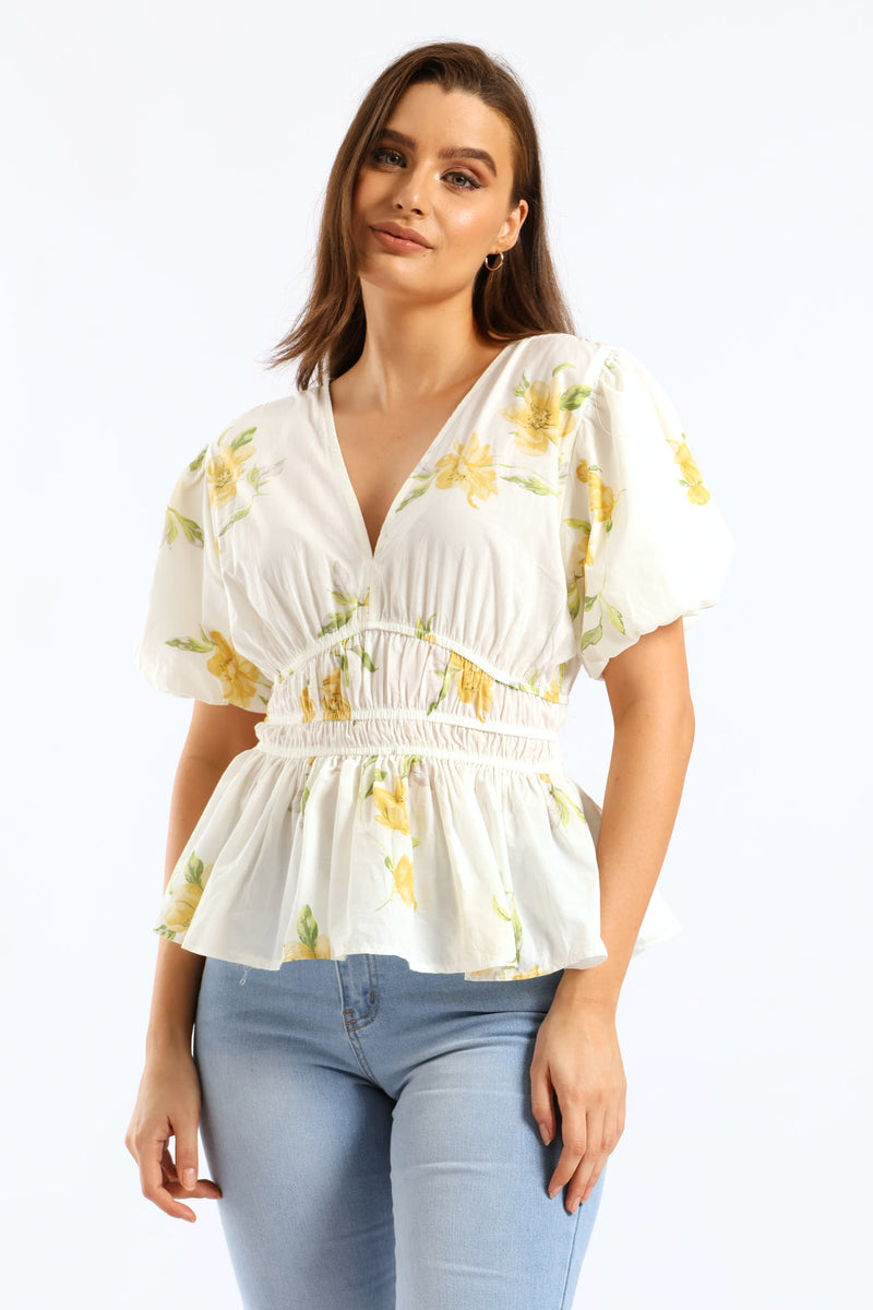 Bubble Sleeve V-Neck Peplum Blouse - White/Yellow