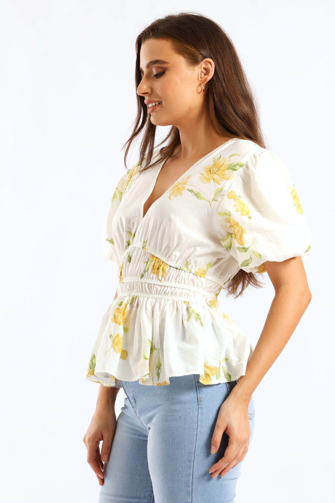 Bubble Sleeve V-Neck Peplum Blouse - White/Yellow