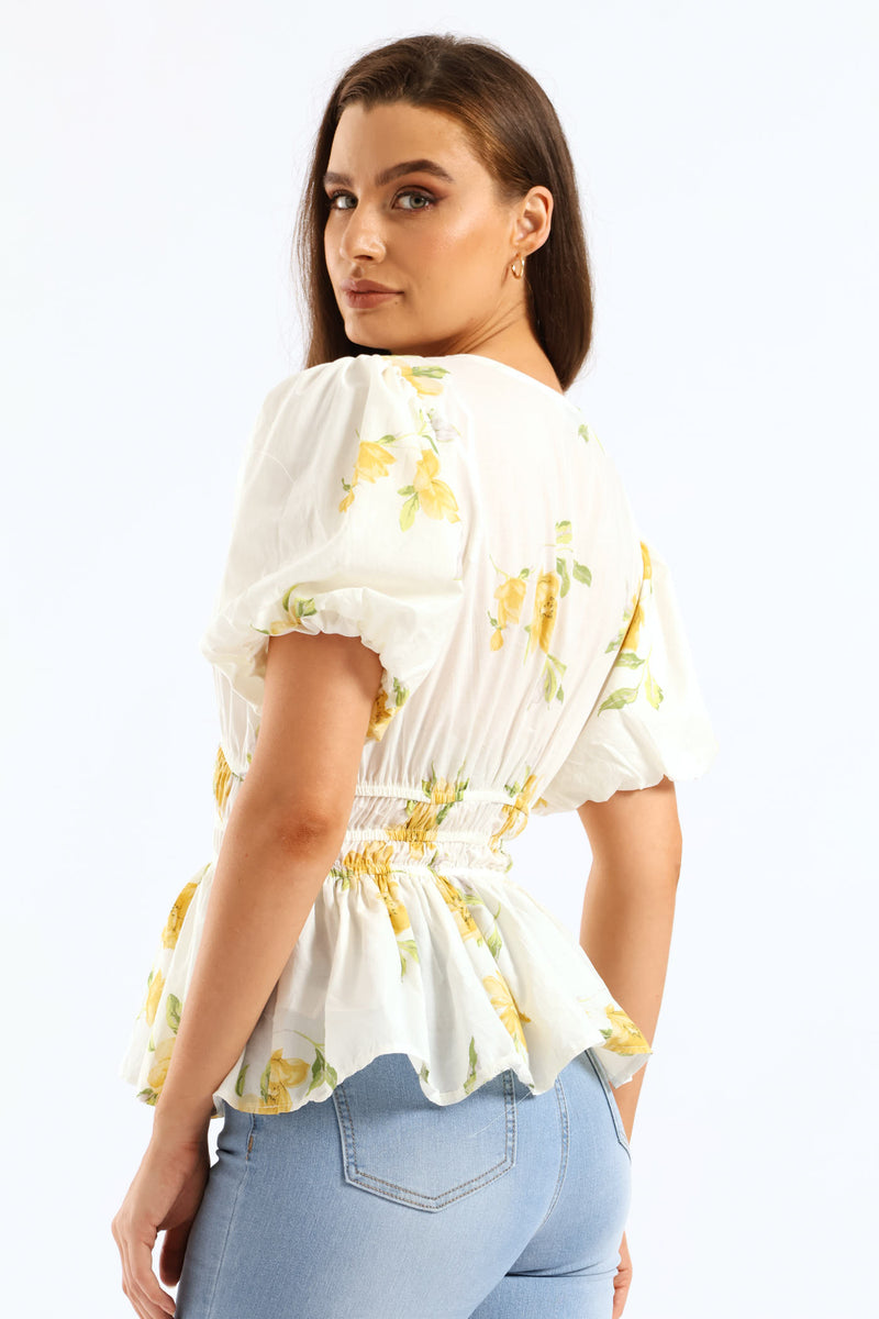 Bubble Sleeve V-Neck Peplum Blouse - White/Yellow