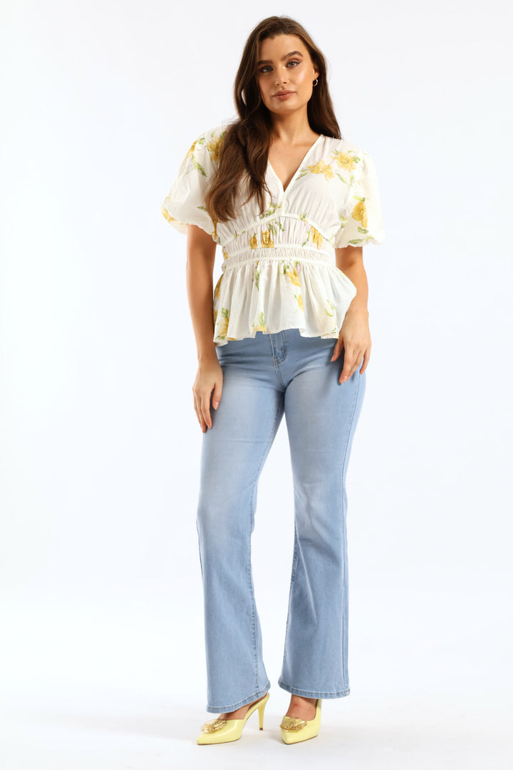 Bubble Sleeve V-Neck Peplum Blouse - White/Yellow