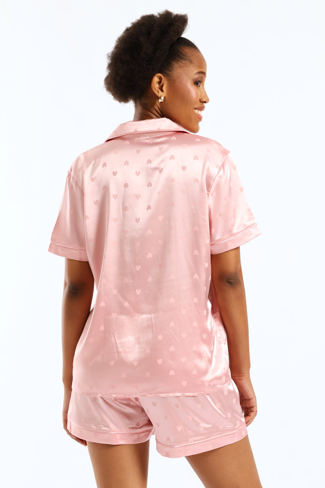 Satin Embossed Button Through & Short Set - Pink