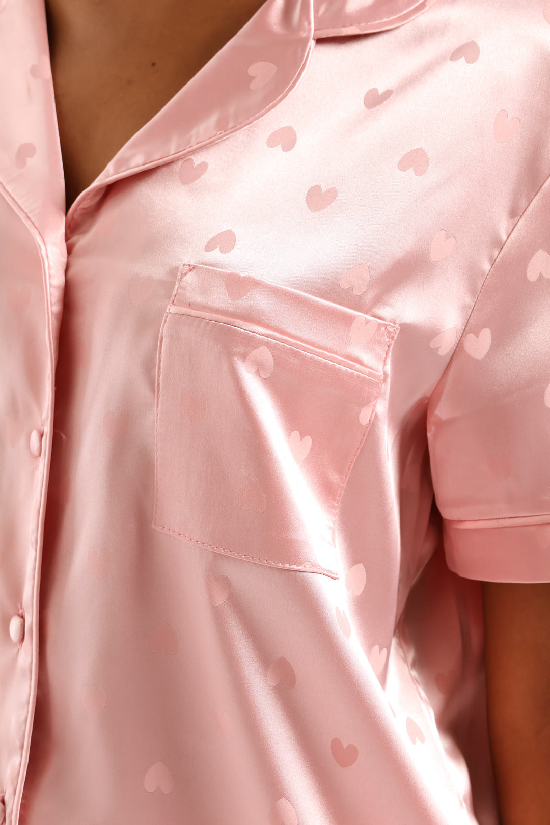 Satin Embossed Button Through & Short Set - Pink