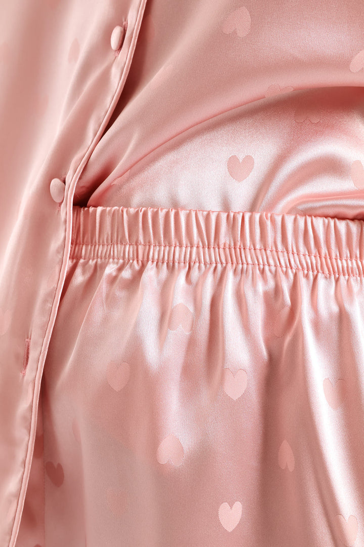 Satin Embossed Button Through & Short Set - Pink