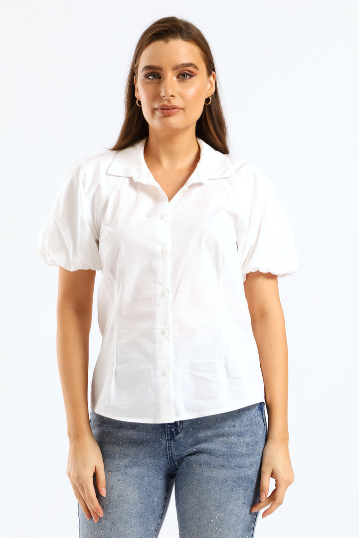 Raglan Bubble Sleeve Button Through Shirt - White