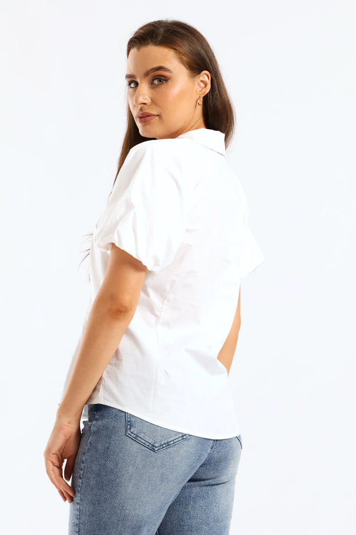 Raglan Bubble Sleeve Button Through Shirt - White