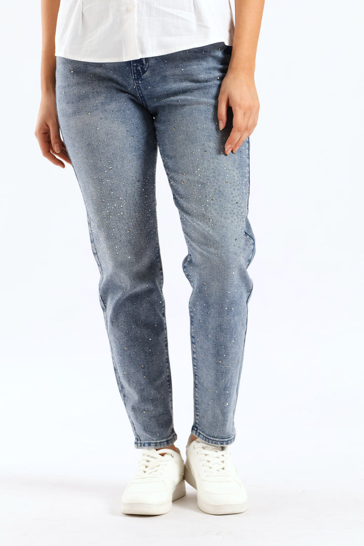 Hi Waist Starburst Mom Jean - Mid Wash