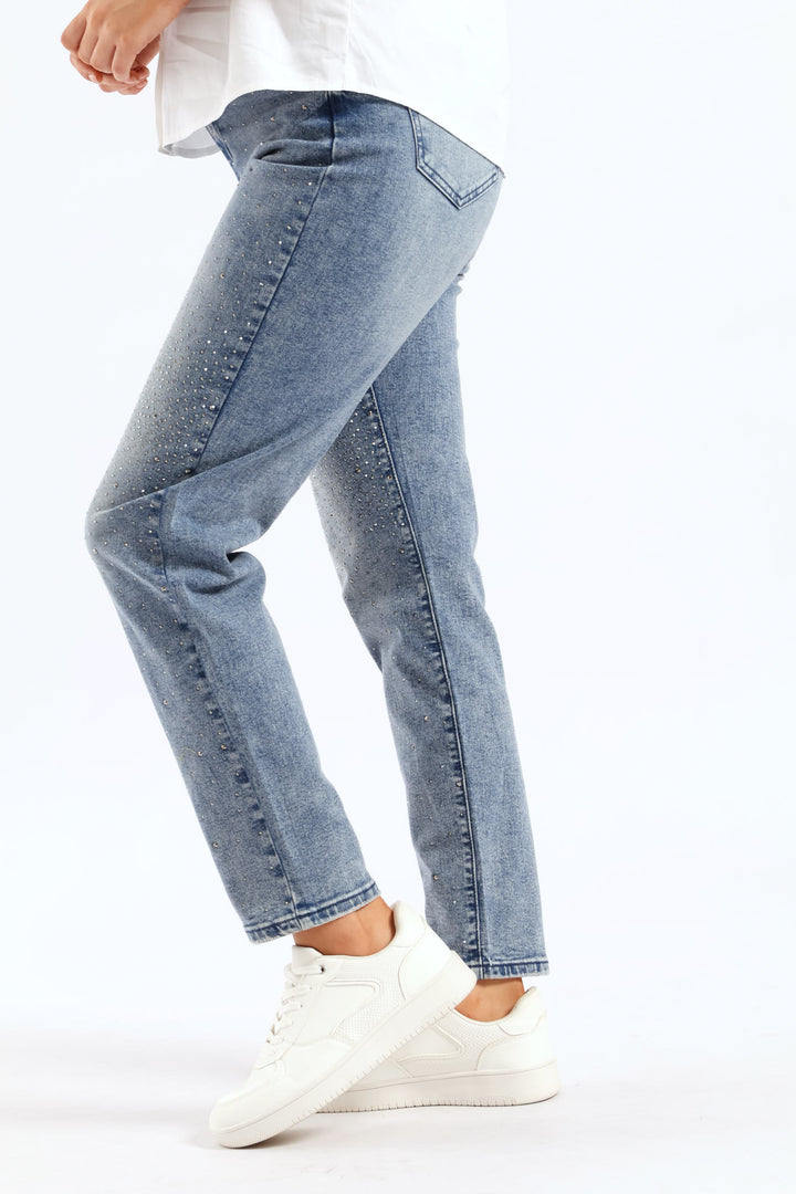 Hi Waist Starburst Mom Jean - Mid Wash
