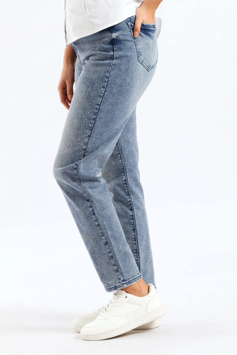 Hi Waist Starburst Mom Jean - Mid Wash
