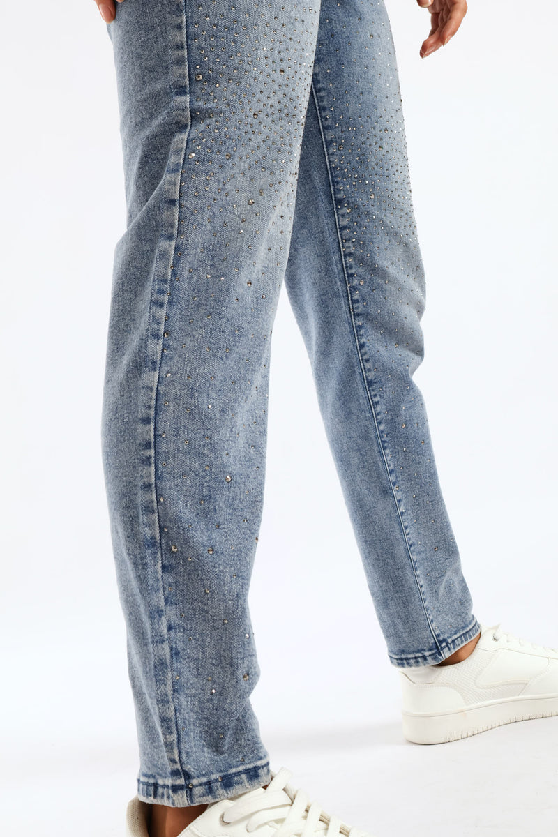 Hi Waist Starburst Mom Jean - Mid Wash