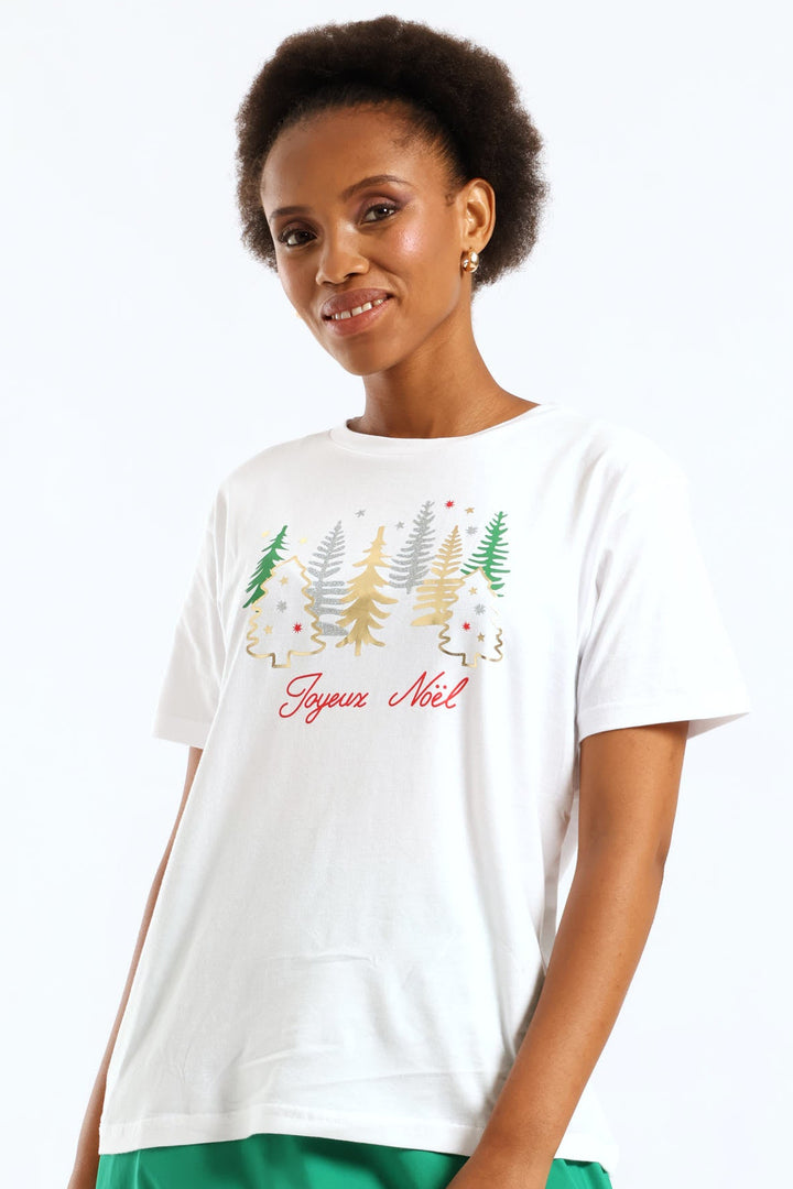 Joyeux Noel Foil Trees Tee - White
