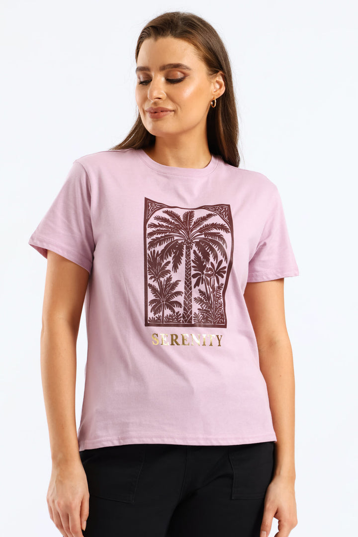 Serenity Palm Foil Tee - Lavender