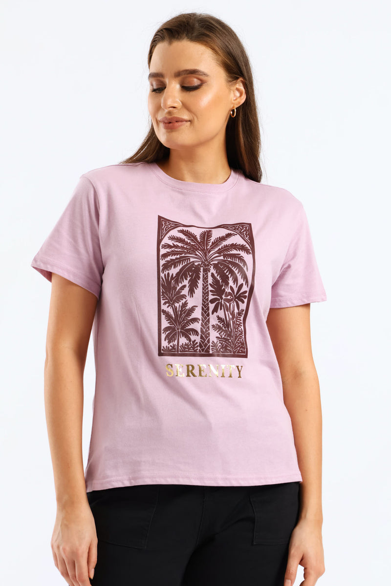 Serenity Palm Foil Tee - Lavender