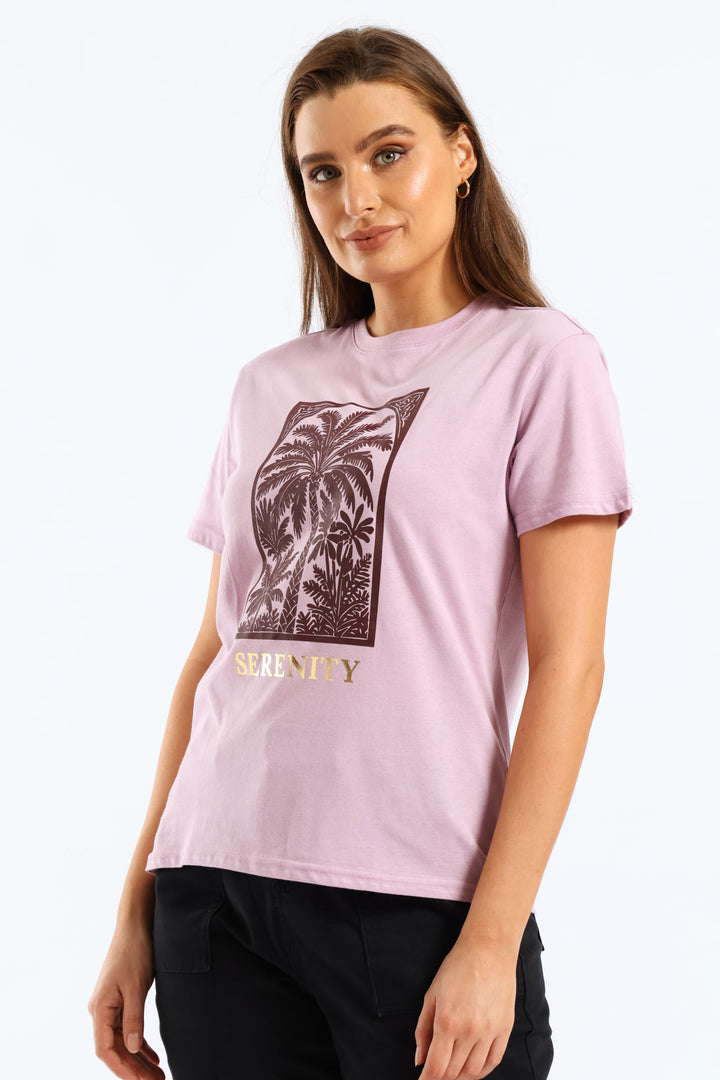 Serenity Palm Foil Tee - Lavender