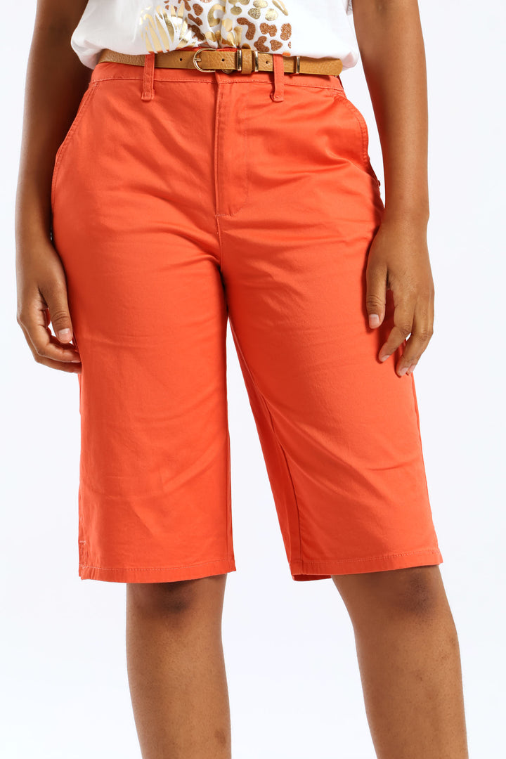 Belted Sateen Bermuda Chino Shorts - Coral