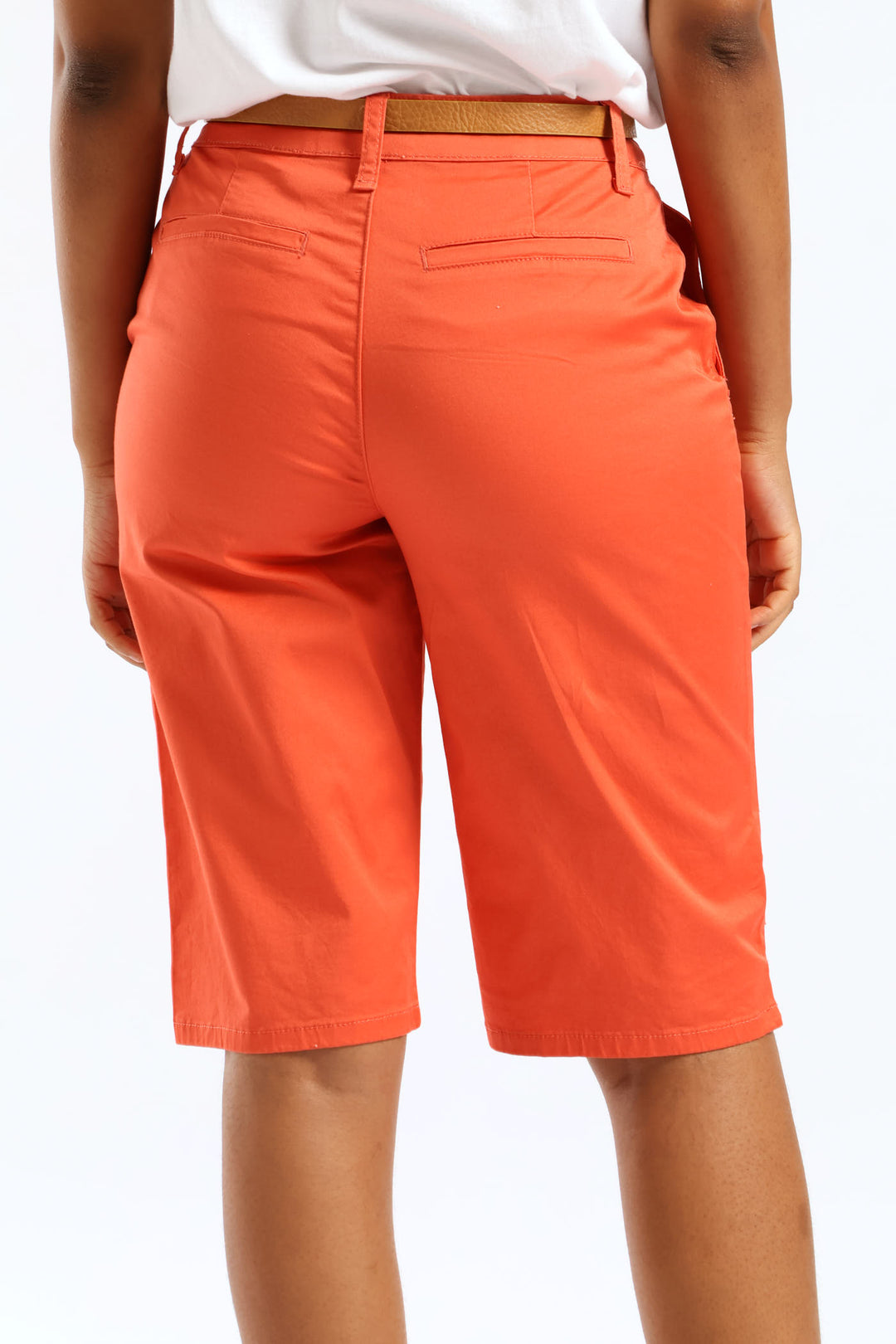 Belted Sateen Bermuda Chino Shorts - Coral