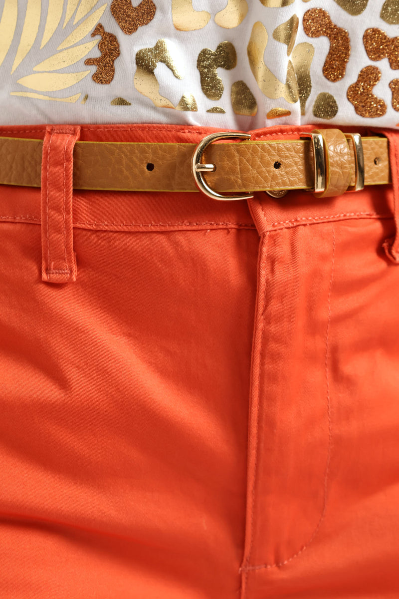 Belted Sateen Bermuda Chino Shorts - Coral