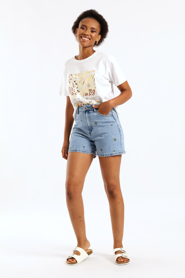 Floral Embroidered Mid Thigh Mom Shorts - Light Wash
