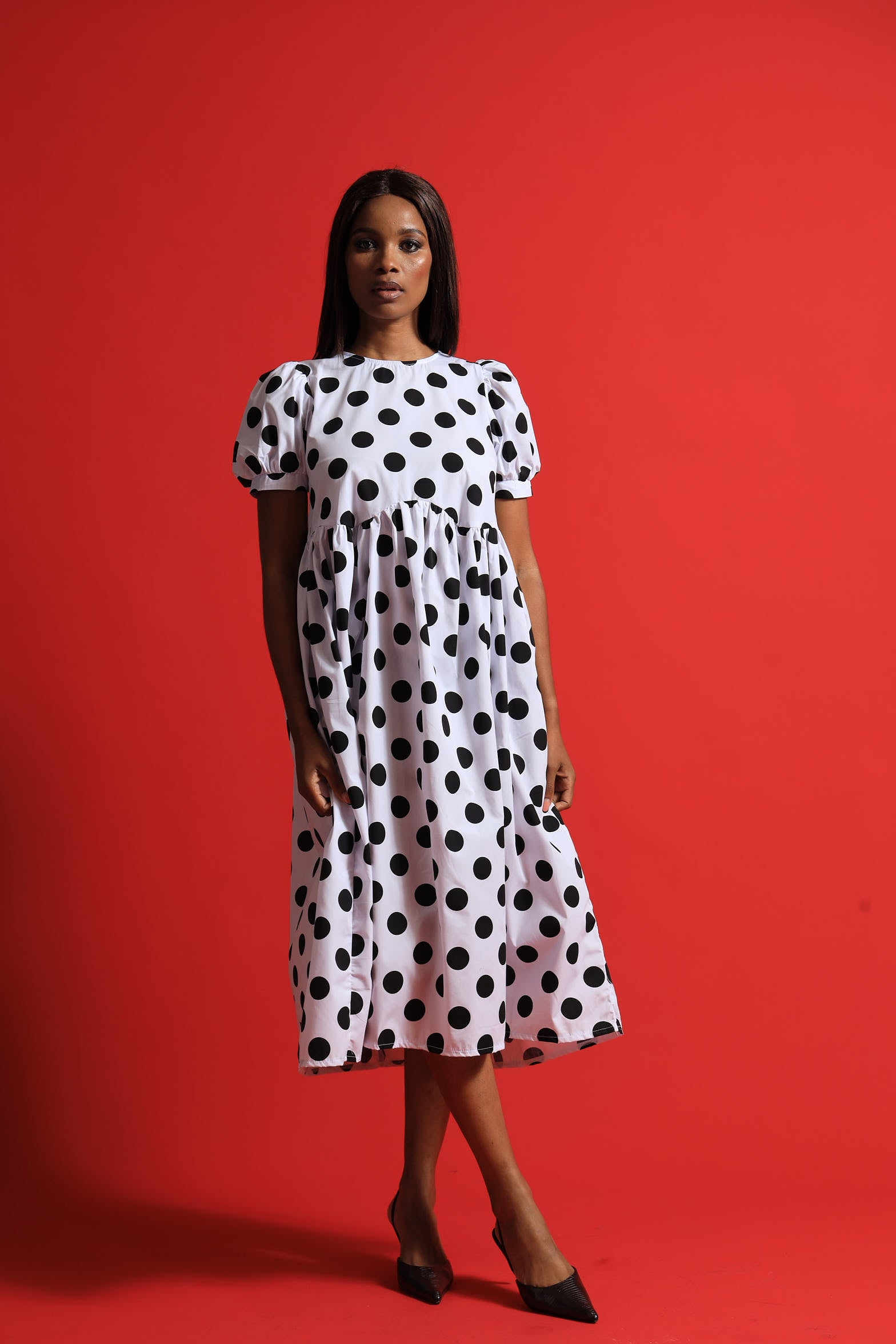 Ladies Puff Sleeve Polka Dot Poplin Midaxi Dress - White/Black