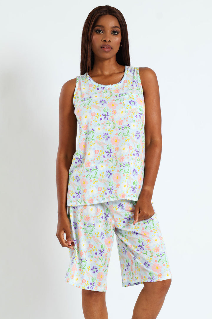 Soft Floral Top & Short Sleep Set - Blue