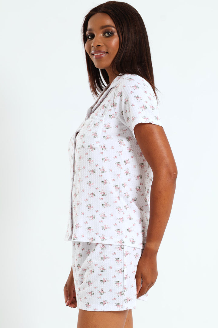 Floral Waffle Button Through & Short Set - White