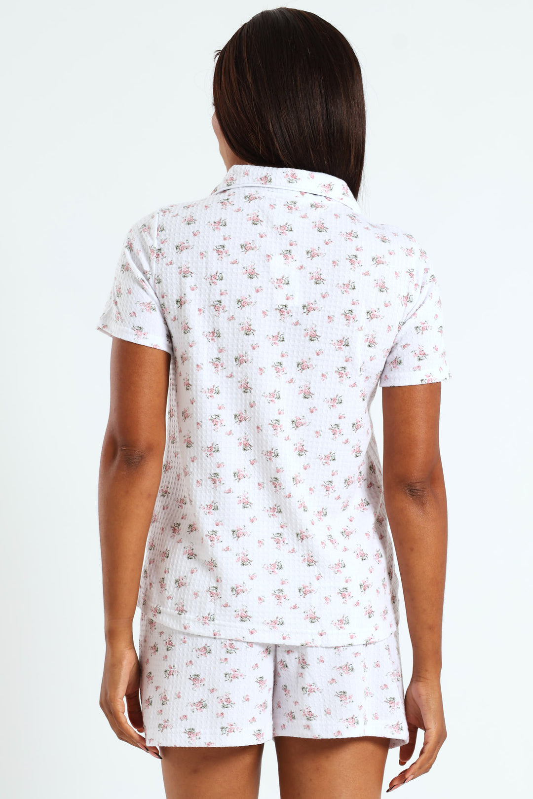Floral Waffle Button Through & Short Set - White