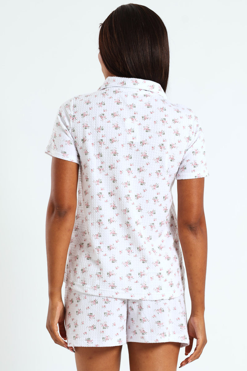 Floral Waffle Button Through & Short Set - White