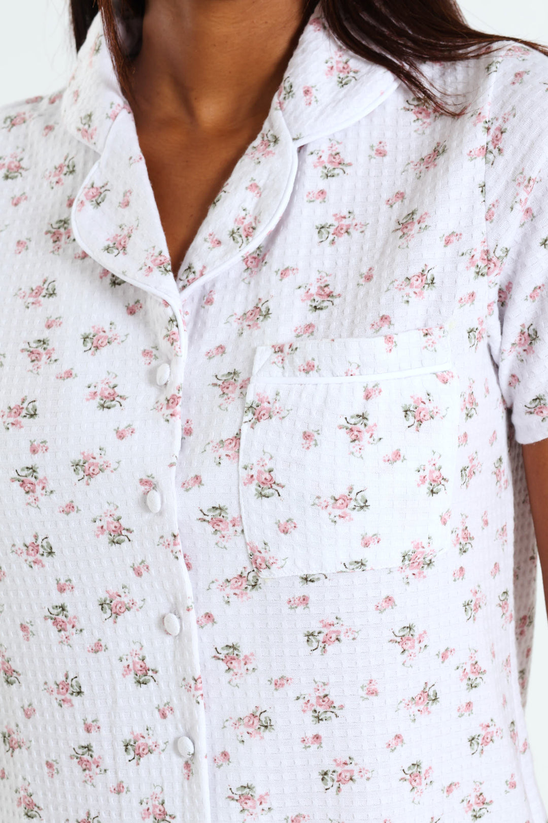 Floral Waffle Button Through & Short Set - White