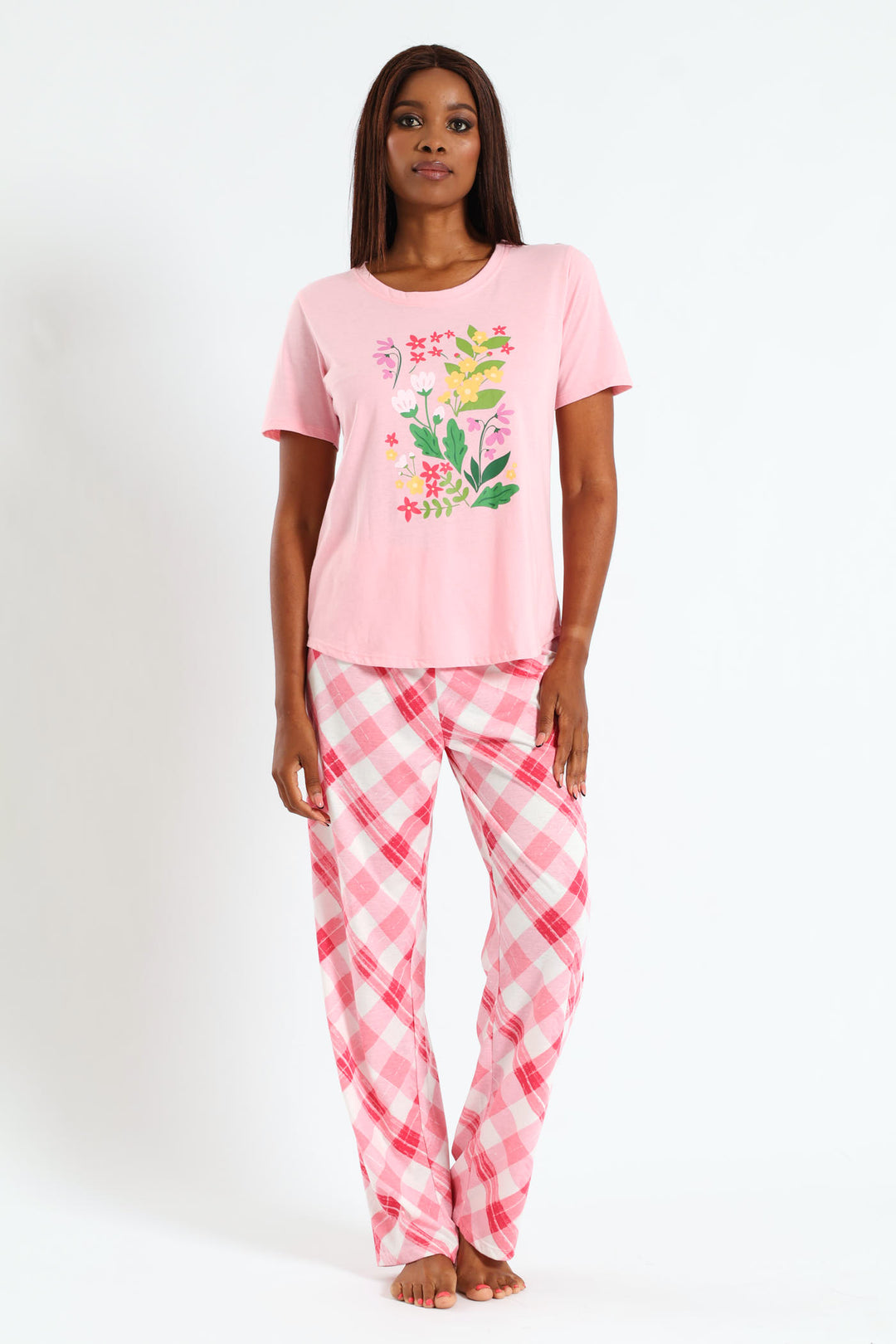Floral Check Knit Top & Pant Set - Pink