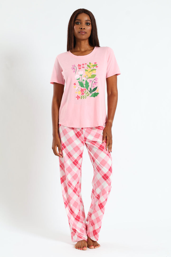 Floral Check Knit Top & Pant Set - Pink