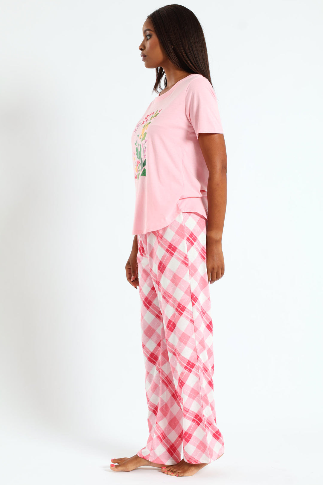 Floral Check Knit Top & Pant Set - Pink