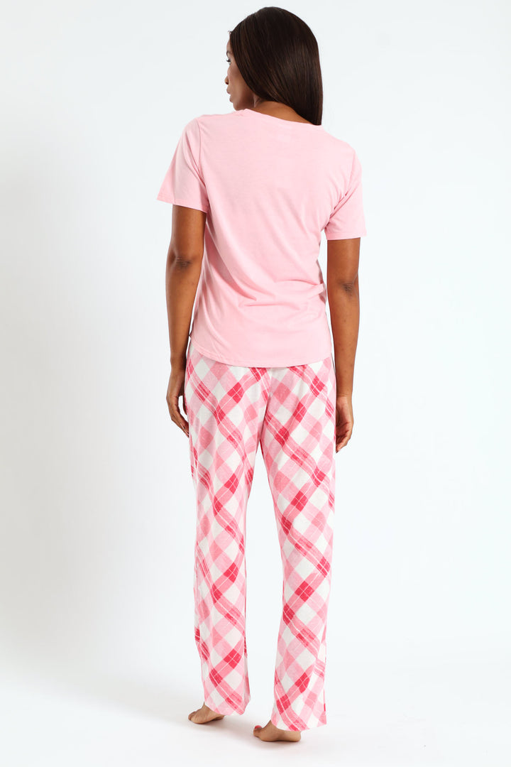 Floral Check Knit Top & Pant Set - Pink