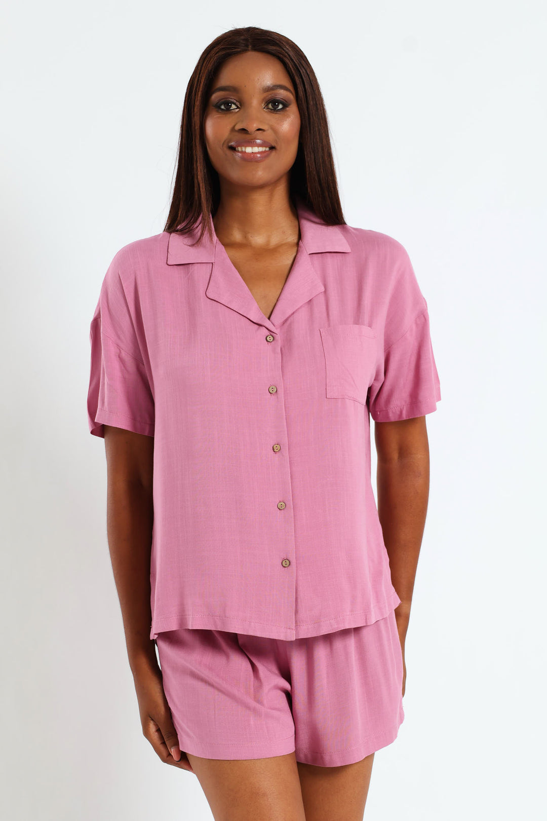 Button Through & Short Linen Blend Set - Mid Purple