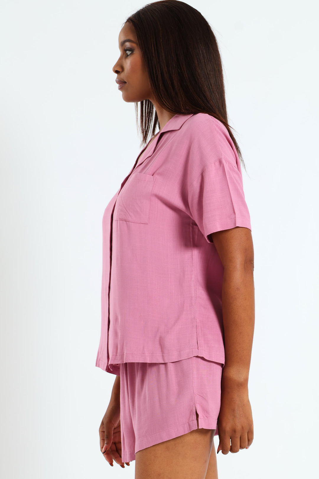 Button Through & Short Linen Blend Set - Mid Purple