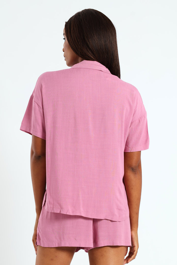 Button Through & Short Linen Blend Set - Mid Purple