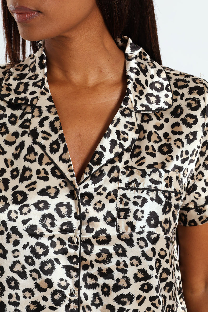 Animal Print Satin Button Through & Short Set  - Black/Beige
