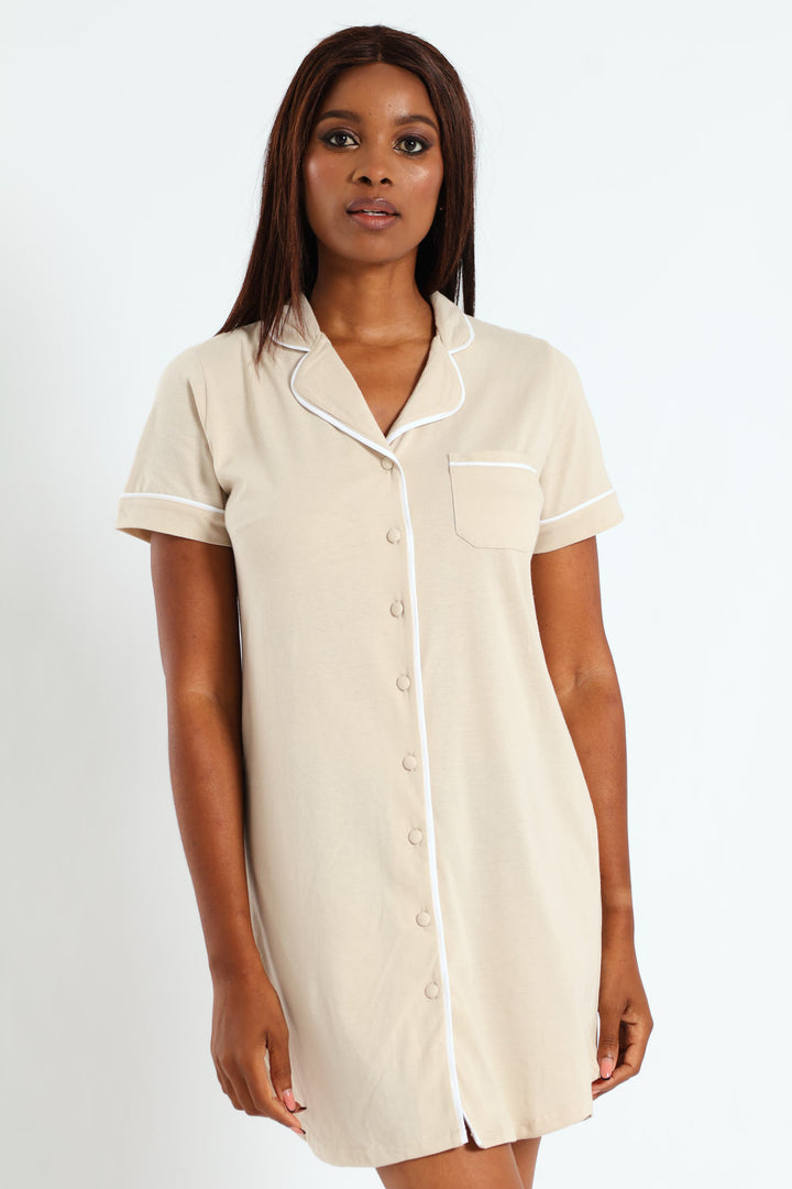 Button Through Knit Sleepshirt - Light Brown