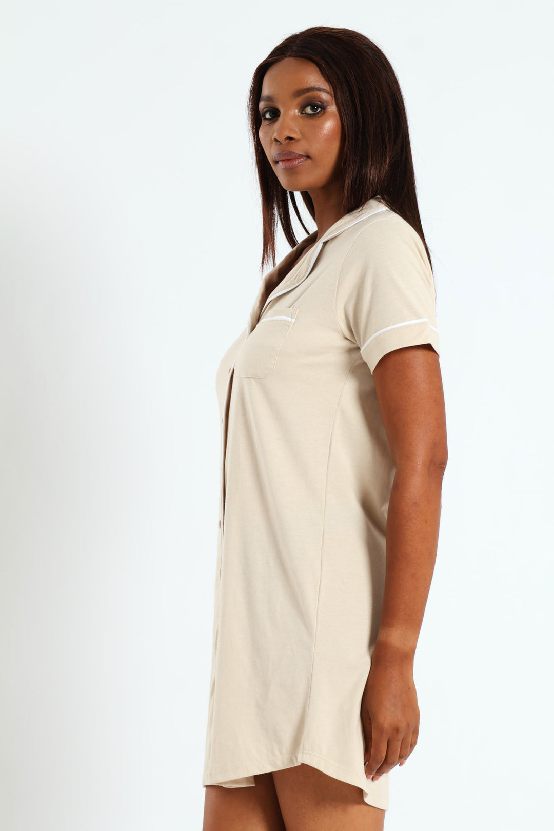 Button Through Knit Sleepshirt - Light Brown