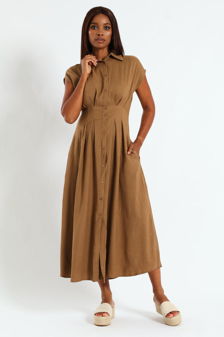 Button Through Pleated Bodice Midaxi Dress - Khaki