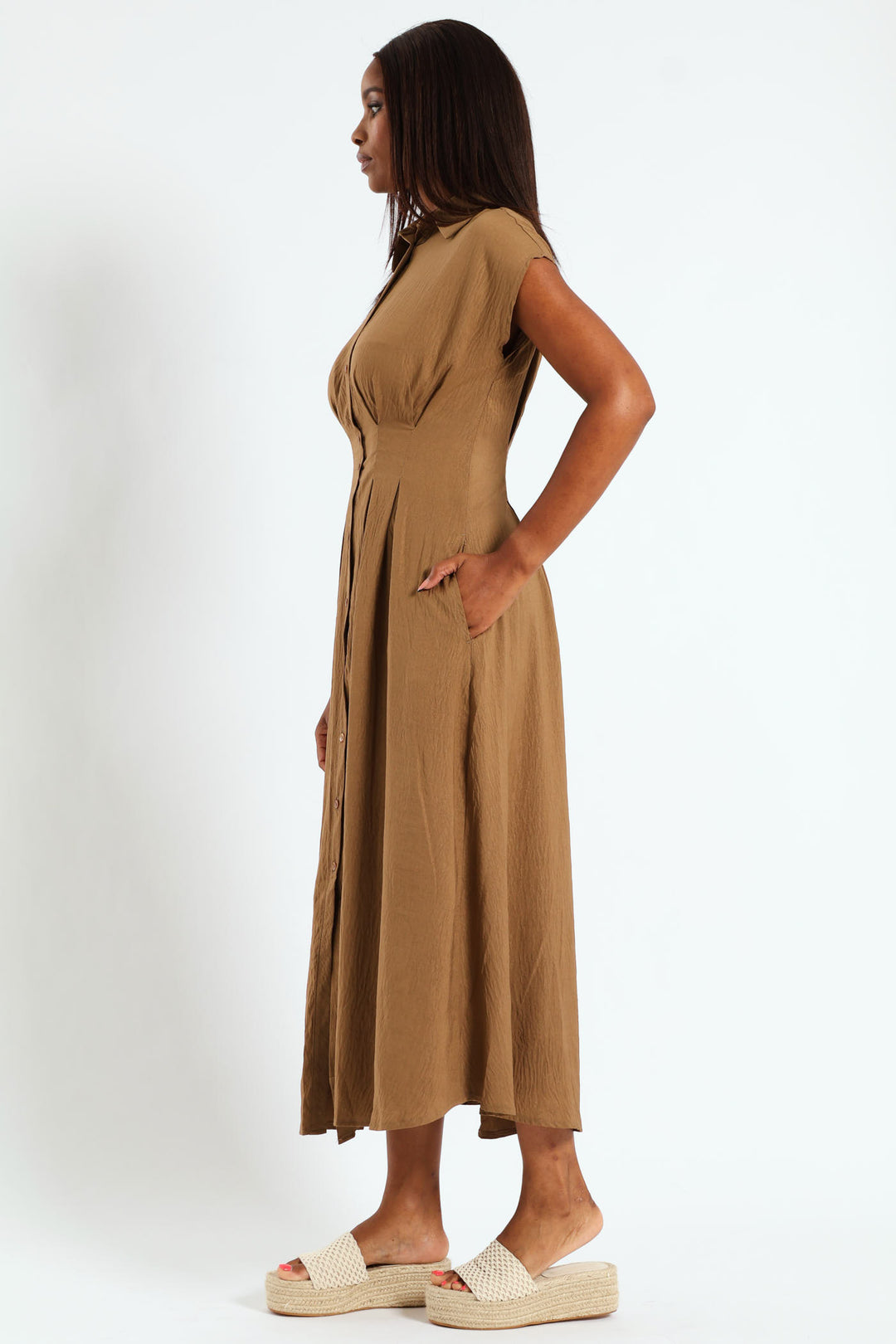 Button Through Pleated Bodice Midaxi Dress - Khaki