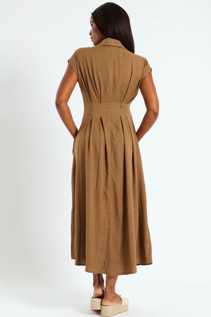 Button Through Pleated Bodice Midaxi Dress - Khaki