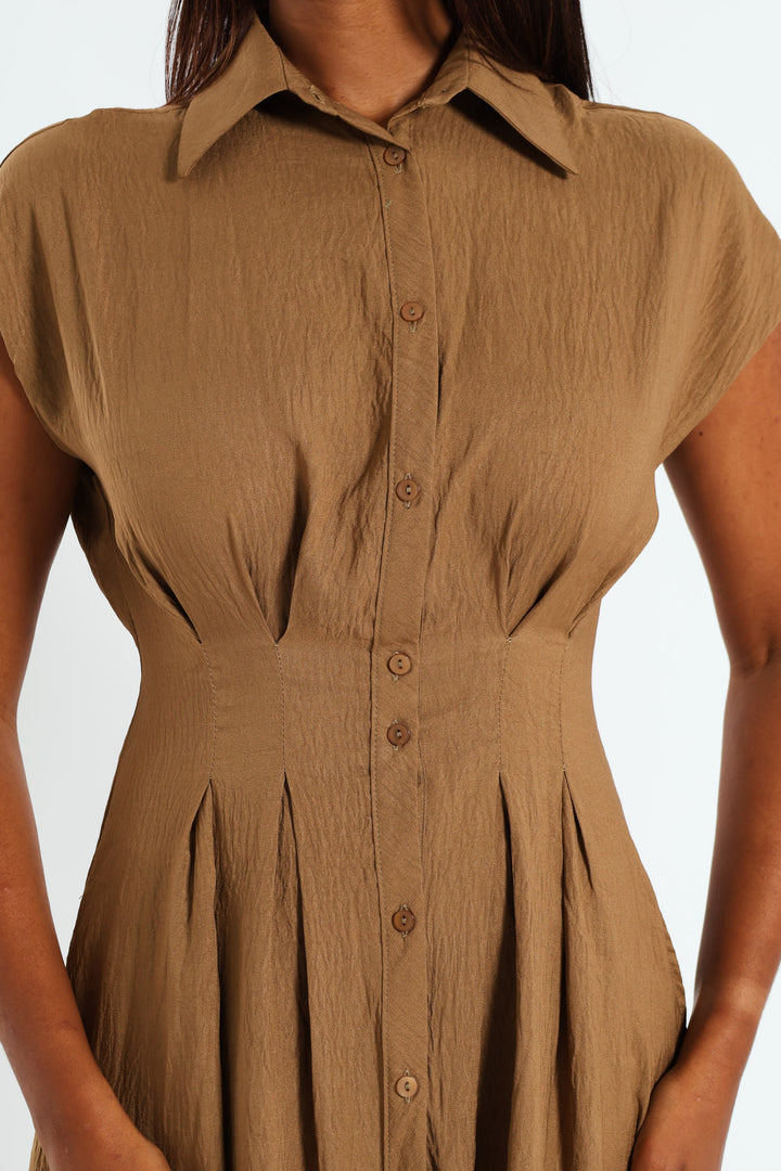 Button Through Pleated Bodice Midaxi Dress - Khaki