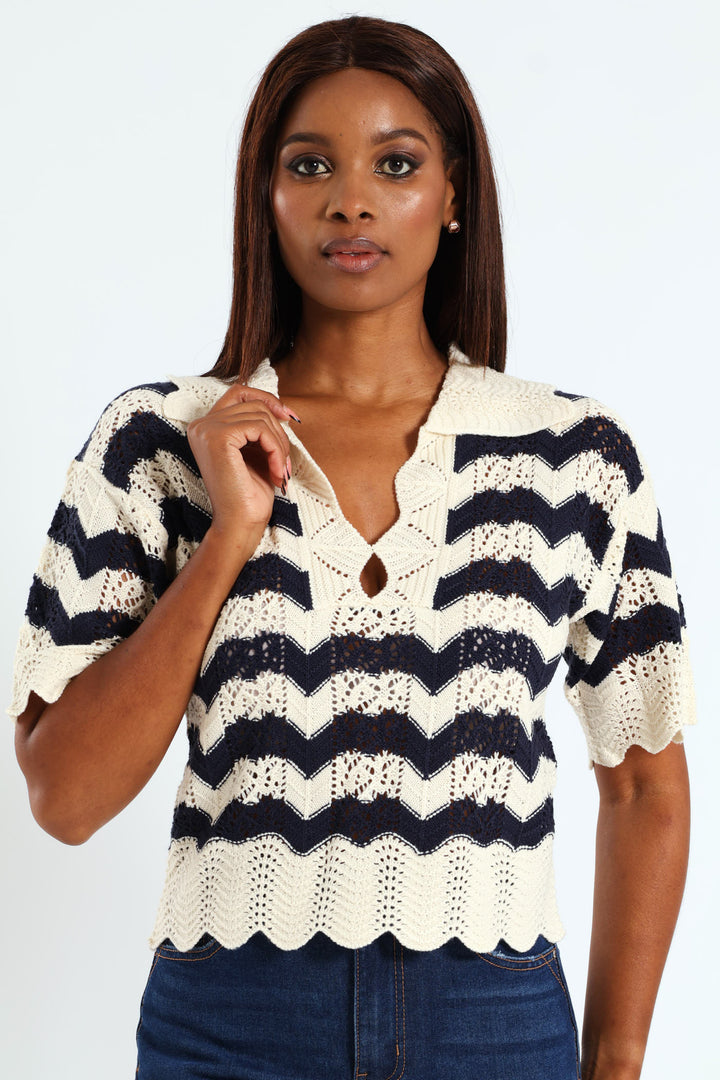 Pointelle Collar Chevron Top - Cream/Navy