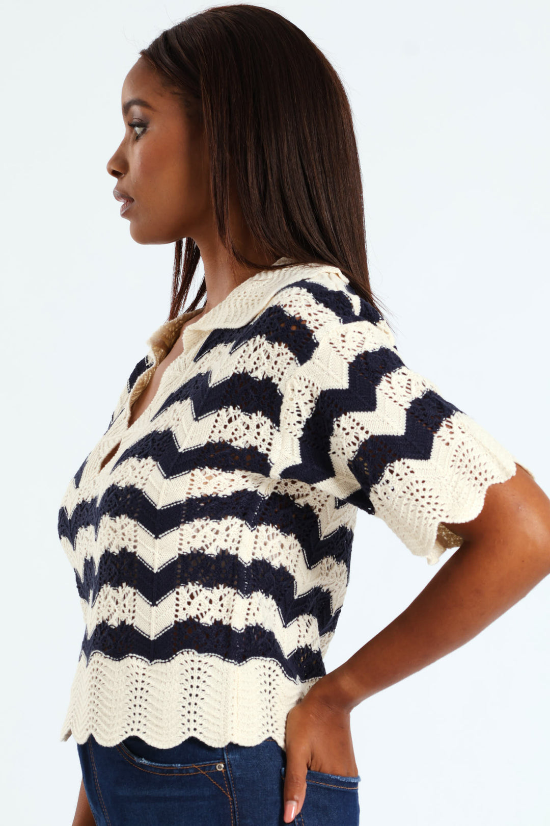Pointelle Collar Chevron Top - Cream/Navy