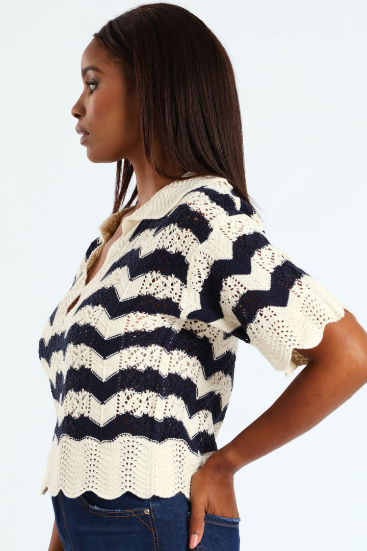 Pointelle Collar Chevron Top - Cream/Navy