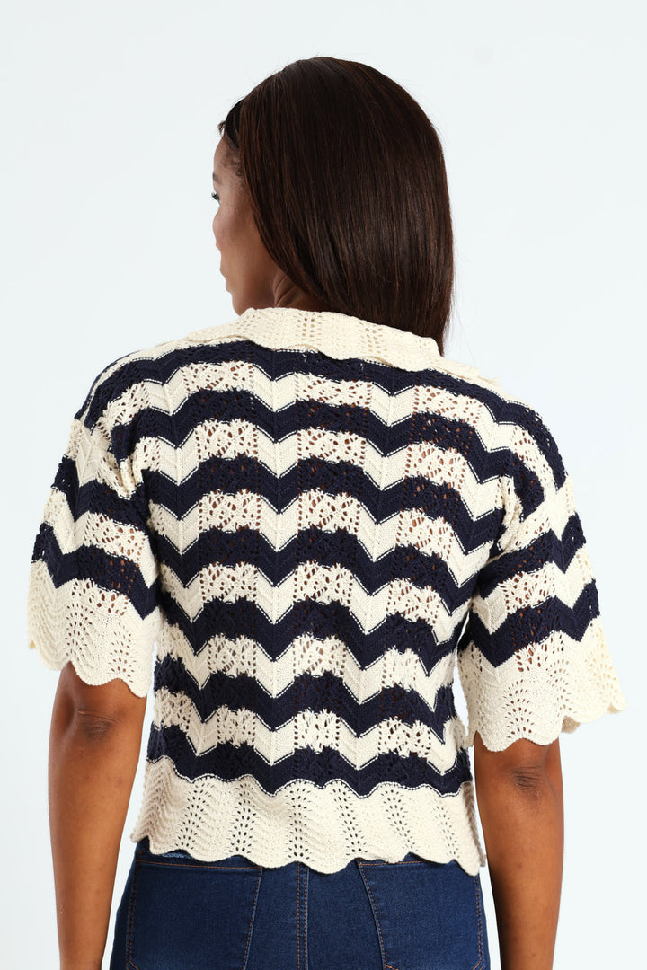 Pointelle Collar Chevron Top - Cream/Navy