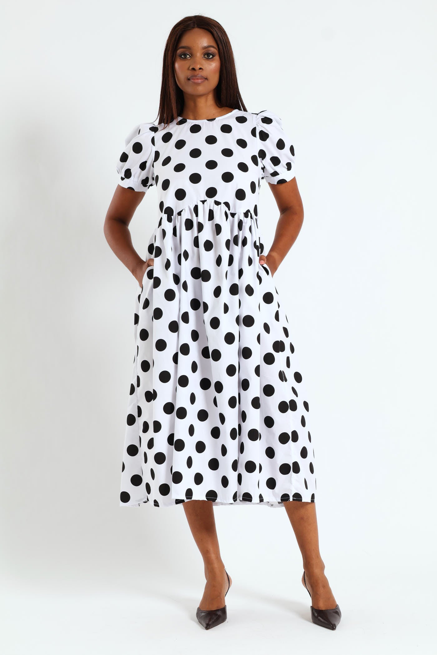 Ladies Puff Sleeve Polka Dot Poplin Midaxi Dress - White/Black