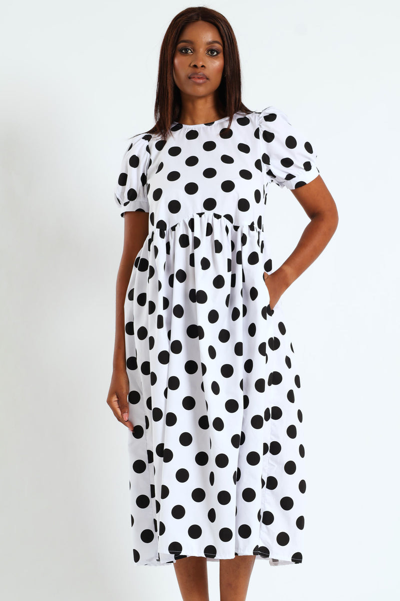 Puff Sleeve Polka Dot Poplin Midaxi Dress - White/Black