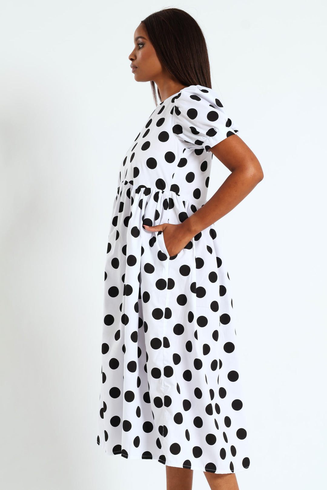 Puff Sleeve Polka Dot Poplin Midaxi Dress - White/Black